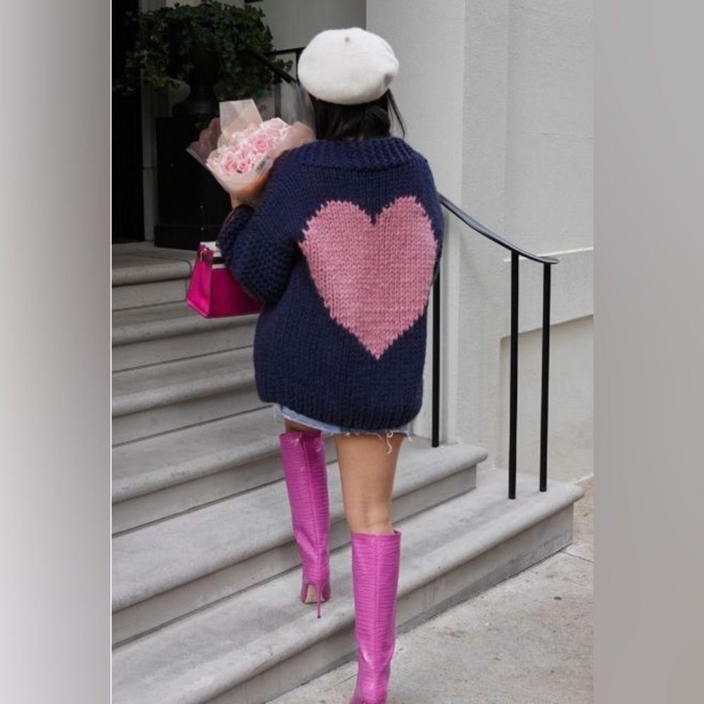 Chicwish Navy and Pink heart chunky knit Cardigan